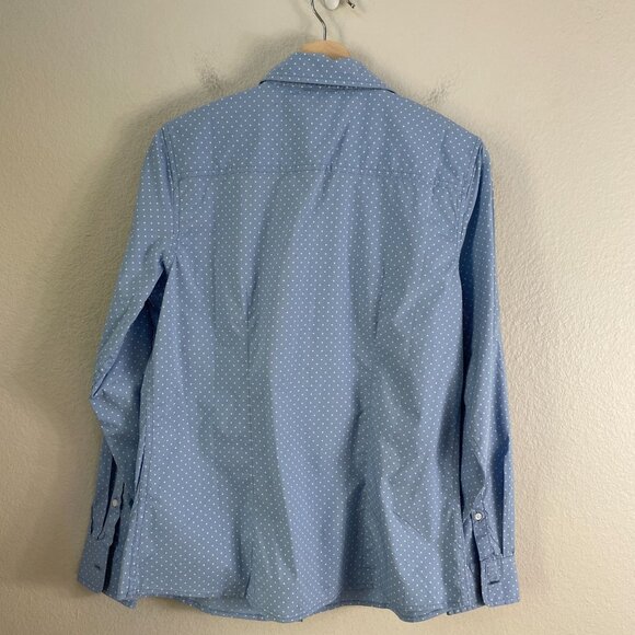 LL Bean Womens Medium Blue Polka Dot Button Up Shirt Roll Tab Sleeve Blouse Top - Picture 8 of 9